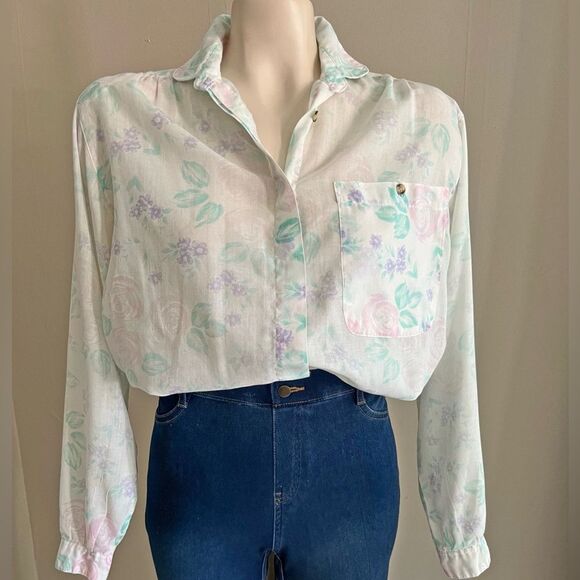 Vintage 80s Pastel Floral Button Down Blouse | Chic Changeables | Size Small - Picture 1 of 10